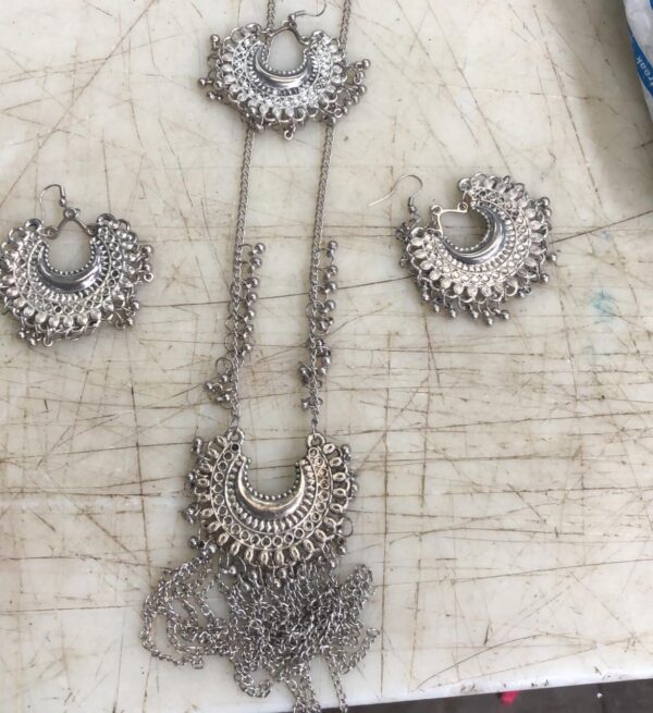 Silver Color Necklace Earrings With Tikka Set For Women
