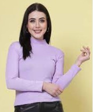 Women Full Sleeve Solid High Neck Regular Top Light Purple Size M