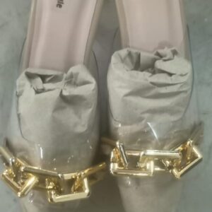 Chain Embellished Block Heel Mules White Gold Sandal For Women Size 35 Color Pink