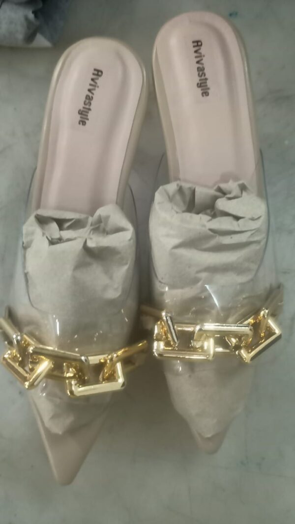 Chain Embellished Block Heel Mules White Gold Sandal For Women Size 35 Color Pink