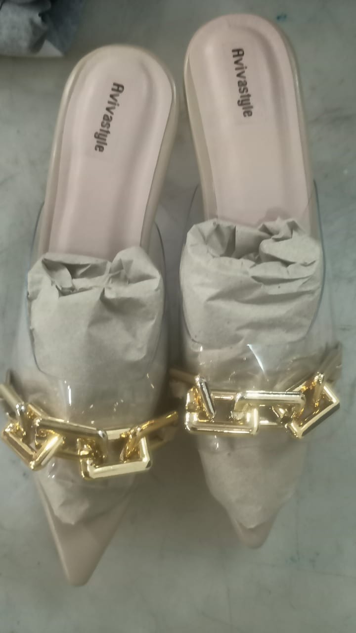Chain Embellished Block Heel Mules White Gold Sandal For Women Size 35 Color Pink