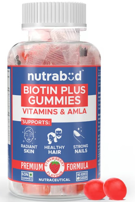 Nutribud Biotin Hair Gummies For Men and Women No Added Sugar Strawberry Flavour 60 N