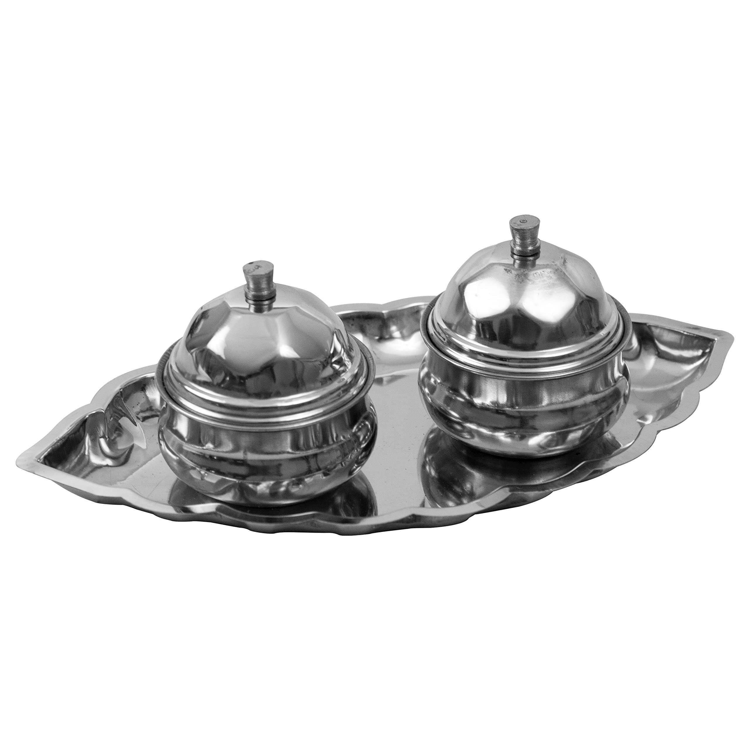 Spillbox Handcrafted Stainless Steel Thali Kumkum Holder Stand Plate For Pooja 2 Bowl
