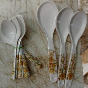 Flower Printed White Colour 3Pcs Large Spoon With 6Pcs Mini Spoon