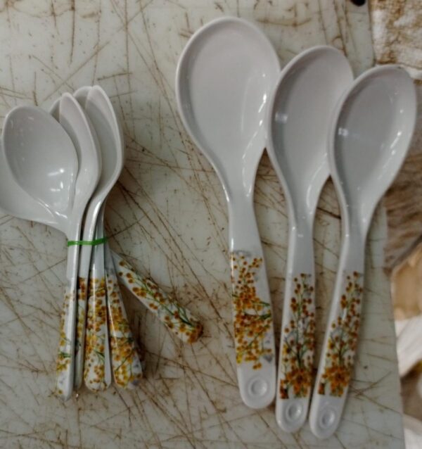 Flower Printed White Colour 3Pcs Large Spoon With 6Pcs Mini Spoon