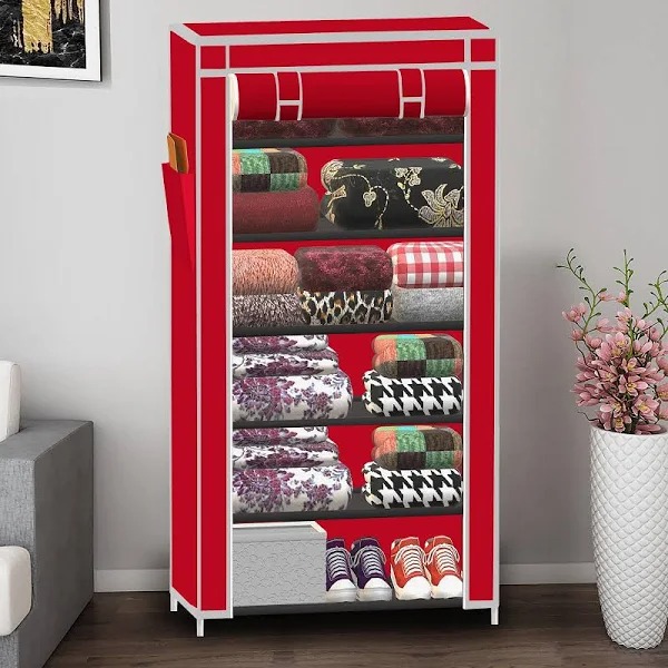 Black And Red Colour Portable Wardrobe Closet With 6 Tier