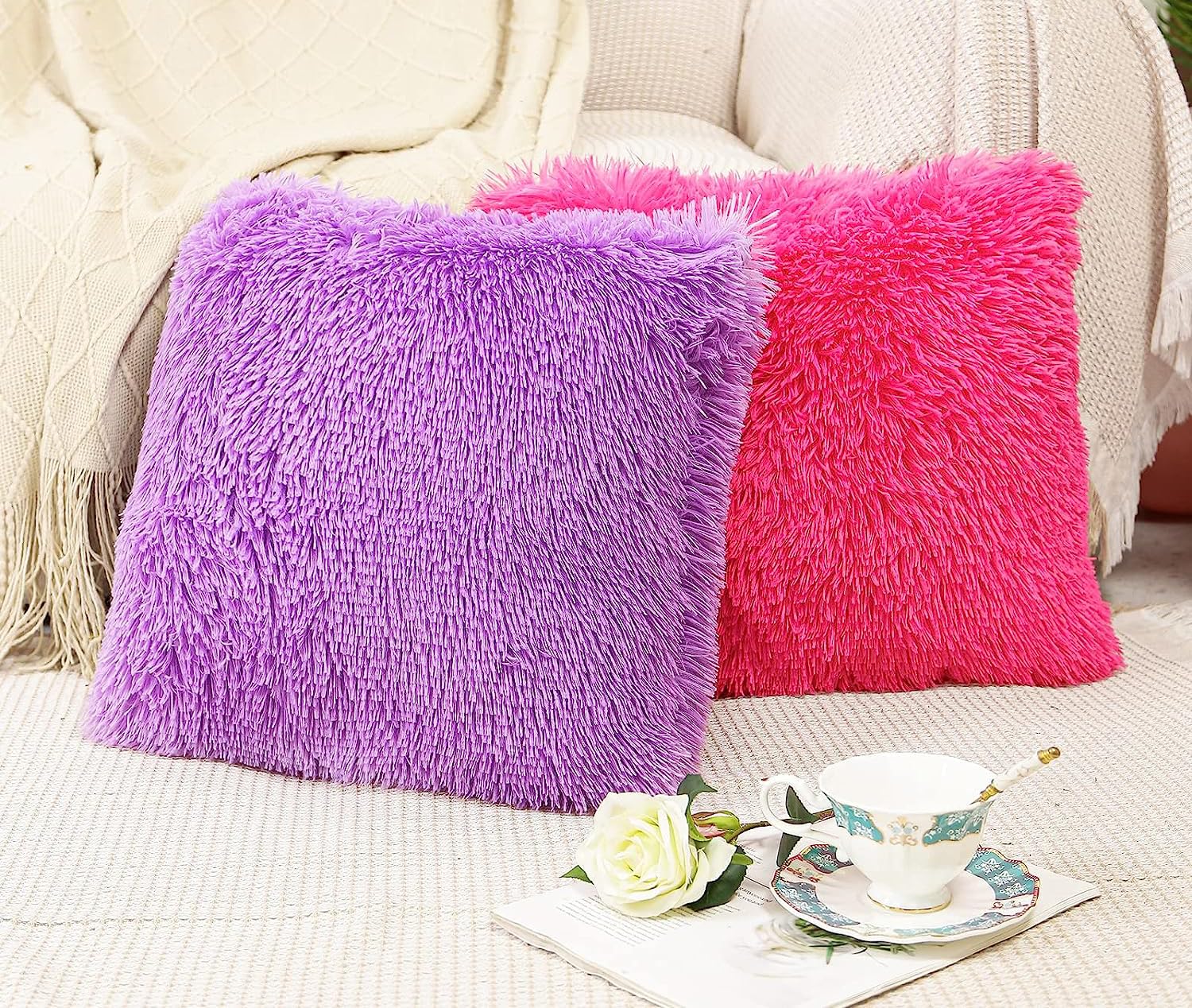Pickkart 16X16 Inch Mixmatch Color Fur Cushion Covers Set Of 2 Mauvedark Pink