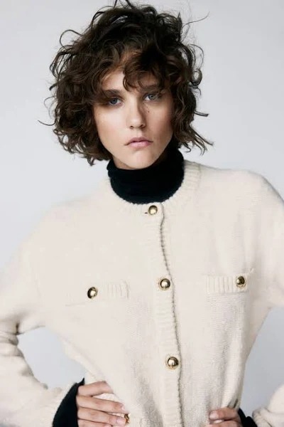 H And M Ladies Beige Pocket Detail Cream Color Cardigan Size L