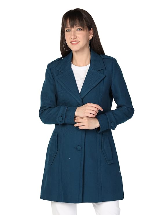 Honnete Women Stylish Long Sleeve Regular Coat For Winter Wear Peacock Blue Size Xxl