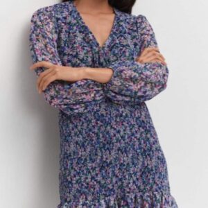 Mango Print Smocked Puff Sleeve Mini Dress Size M Blue