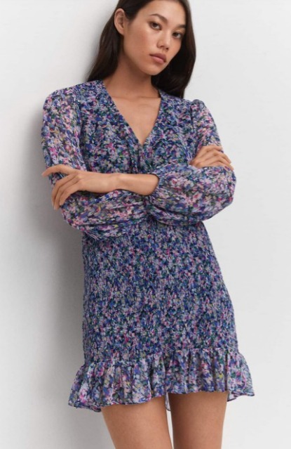Mango Print Smocked Puff Sleeve Mini Dress Size M Blue