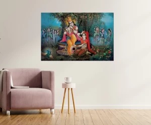 Radha Krishna With Gopis Religious Sparkle Coated Self Adhesive Poster Multicolor