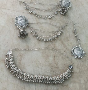 Silver Necklace With Maang Tikka Or Long Chain Earrings For Women