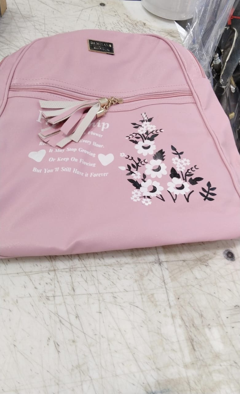 Pink Color Flower Pittu Black Backpack