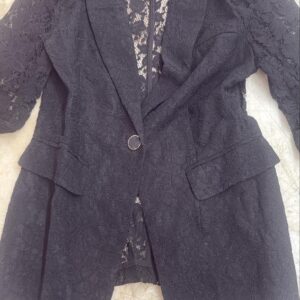 Sleeve Slim Fit One Button Lace Mesh Blazer Jacket Black Size S
