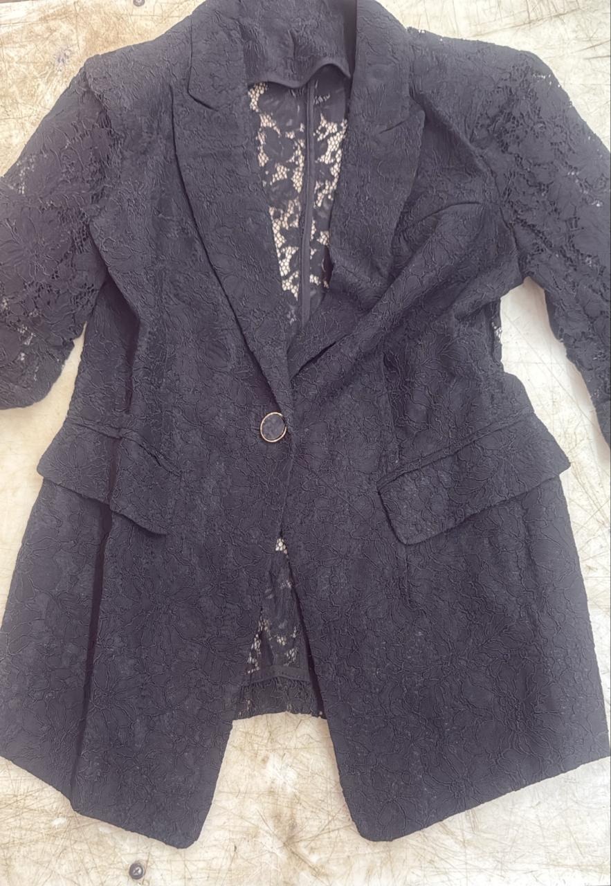 Sleeve Slim Fit One Button Lace Mesh Blazer Jacket Black Size S
