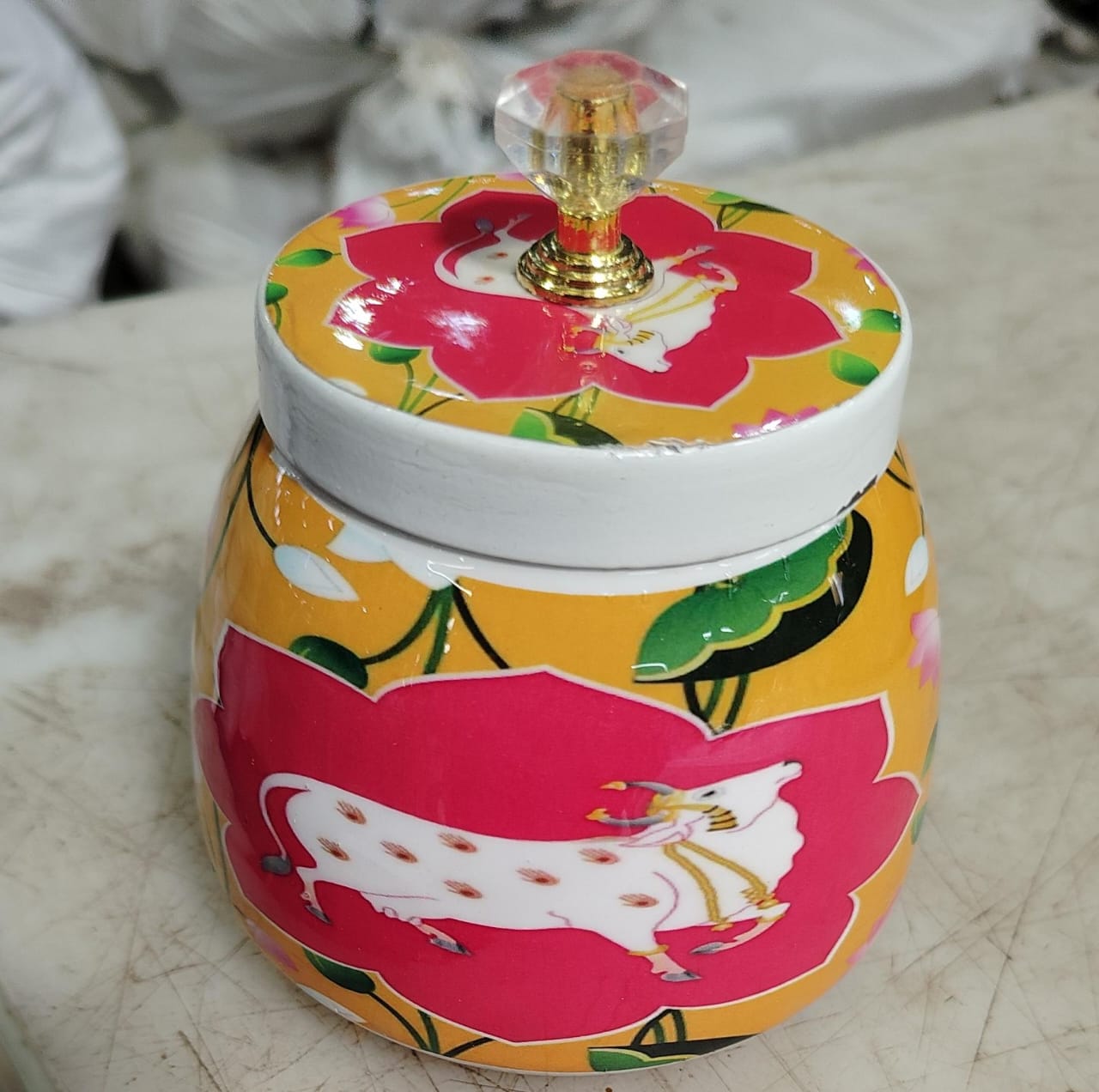 Multi Printed Metal Gifting Pichwai Dry Fruit Jar