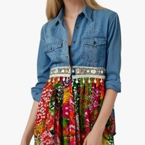 The Banjara Trail Umbrella Bandhani Denim Shirt Multi Colour For Women Size M