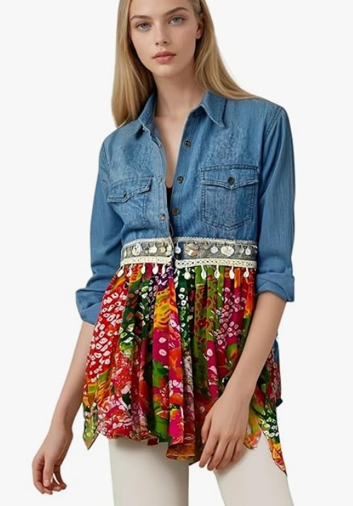The Banjara Trail Umbrella Bandhani Denim Shirt Multi Colour For Women Size M