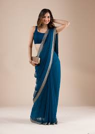 Koskii Peacock Blue Stonework Chiffon Saree blue colour