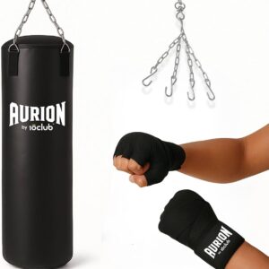 Aurion by 10Club Unfilled Boxing Punching Bag with Handwraps and Hanging Chain 3 Feet