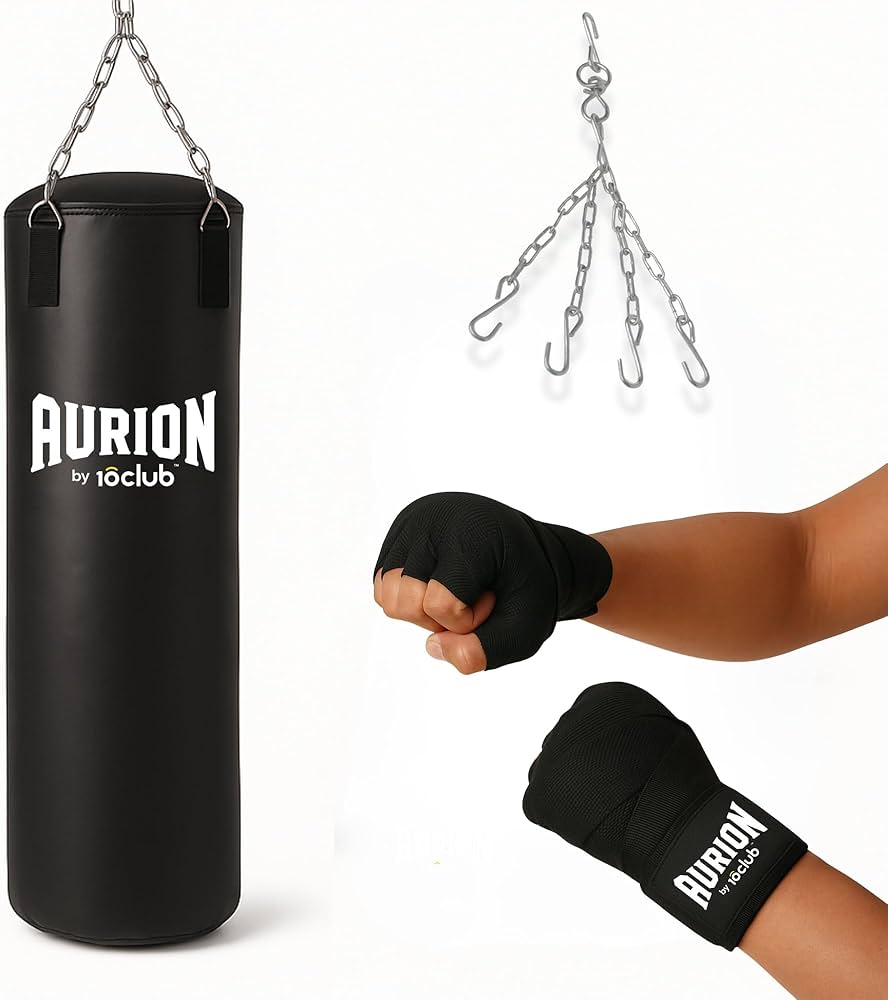 Aurion by 10Club Unfilled Boxing Punching Bag with Handwraps and Hanging Chain 3 Feet