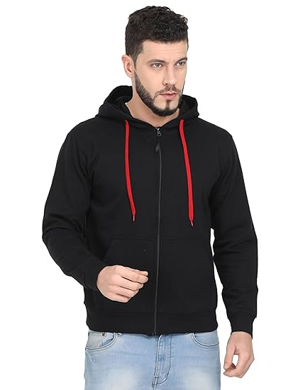 SCOTTISH POLO Men s Cotton Hoodie Sweatshirt with Zip and Inner Fleece Size XL Black Colour