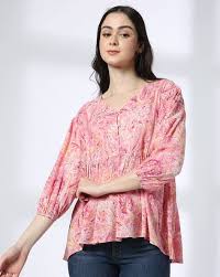 DNMX Women Printed Regular Fit Peplum Top pink size M