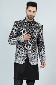 Wintage Embroidered Velvet Black Bandhgala Blazer Size 40
