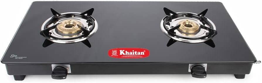 Khaitan 2 Burner Premium Black Glass Manual Gas Stove 2 Burners