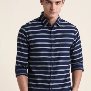 Mens Navy Striped Slim Fit Casual Shirt Size M