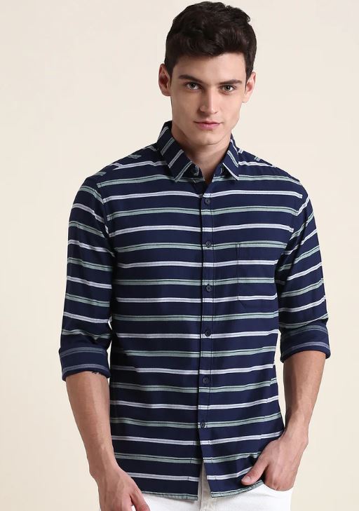 Mens Navy Striped Slim Fit Casual Shirt Size M