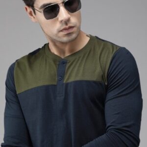 Roadster Men Navy Blue Olive Green Colourblocked Henley Neck Pure Cotton T shirt SIZE L