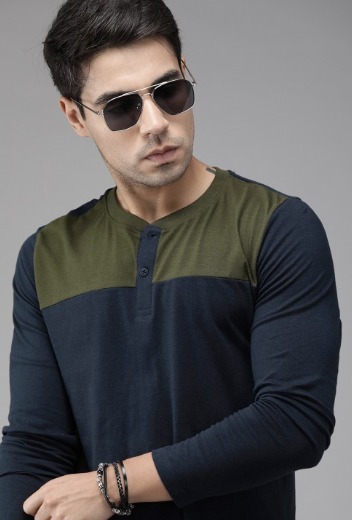 Roadster Men Navy Blue Olive Green Colourblocked Henley Neck Pure Cotton T shirt SIZE L