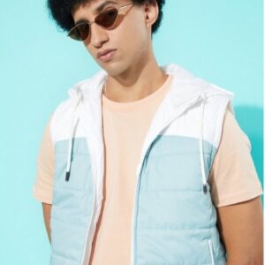 The Lifestyle Co Men White And Light Blue Colourblocked Hooded Padded Jacket  SIZE M
