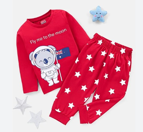 Babyhug 100 Cotton Full Sleeves Night Suit Astronaut Koala Print Red fo Both 2 3 Y