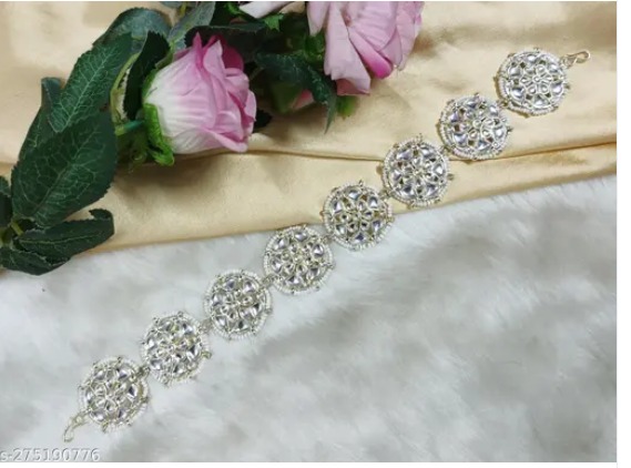 matha patti kundan and pearls work light gold polish