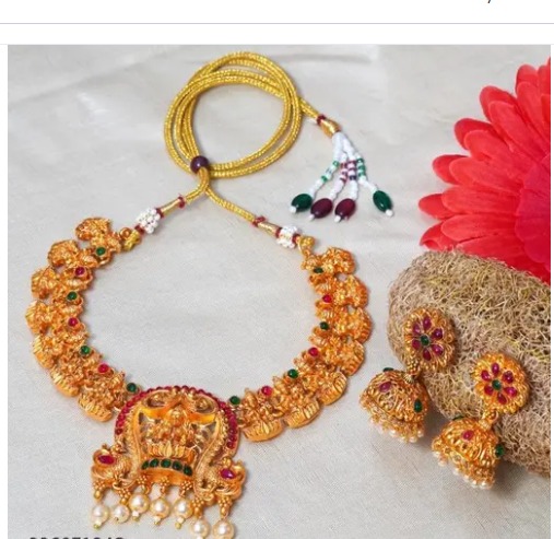 Katelyn Products Traditional Laxmi Design Gold Plated Choker Necklace Set For Women