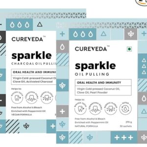 Cureveda Sparkle Charcoal and Pearl Oil Pulling for Mouth Healthy Teeth Strong Gums Herbal Mouthwash with Virgin Coconut Oil for Oral Health Detox Bad Breath Peppermint Flavour Pack of 2 30 Sachet Each
