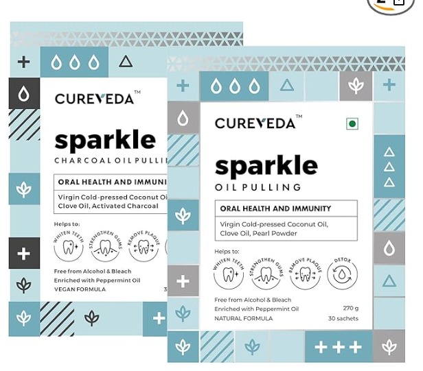 Cureveda Sparkle Charcoal and Pearl Oil Pulling for Mouth Healthy Teeth Strong Gums Herbal Mouthwash with Virgin Coconut Oil for Oral Health Detox Bad Breath Peppermint Flavour Pack of 2 30 Sachet Each