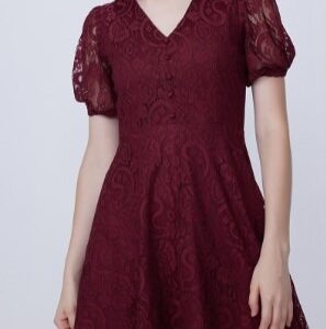 Maroon V Neck Puff Sleeve Lace Fit And Flare Party Dress