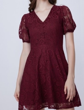Maroon V Neck Puff Sleeve Lace Fit And Flare Party Dress