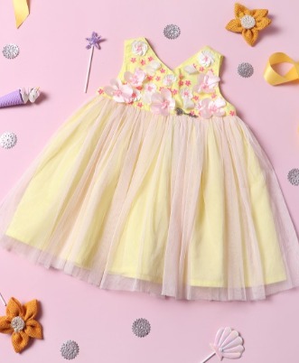 Private Label Girls Yellow Embellished Cotton Net Dress 12 18 m