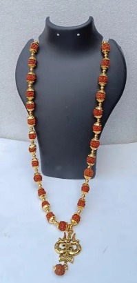5 Mukhi Rudraksha With Brass Gold Cap Premium Trishul Pendant Chain