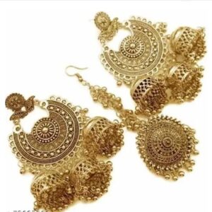 Stylish Golden color Bahubali Earrings Kashmiri Tribal Jhumka Earrings with Maang Tikka