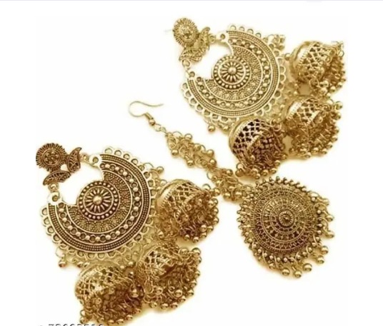 Stylish Golden color Bahubali Earrings Kashmiri Tribal Jhumka Earrings with Maang Tikka