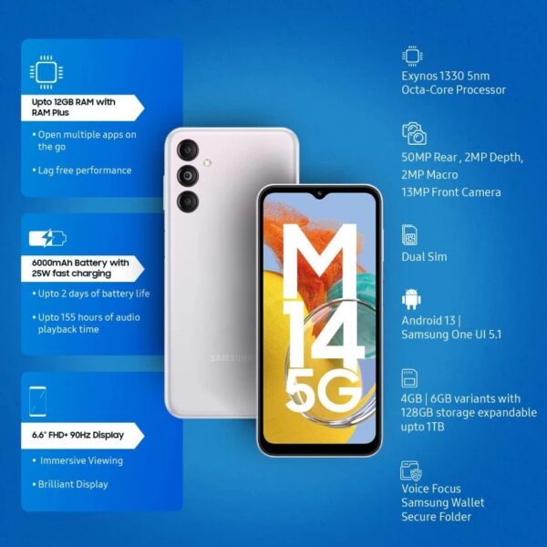 Samsung Galaxy M14 5G Icy Silver Mobile 128 Gb 6 Gb Ram Imei No 356921441842959
