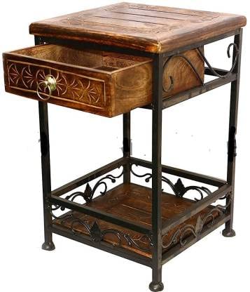 Wooden Wrought Iron Base Drawer Storage With Shelf Size Antique Look Sofa Side End Table