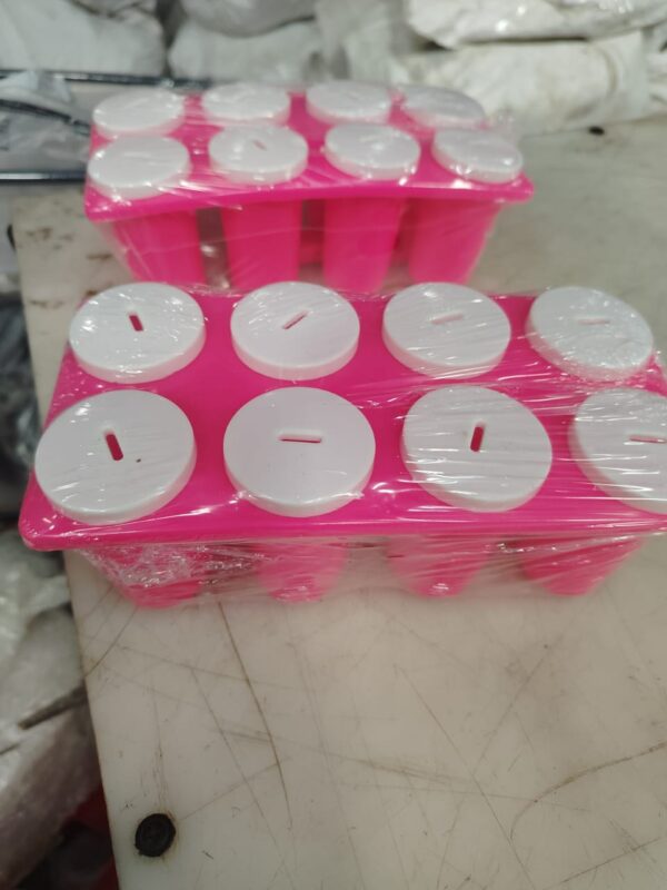 Pink Plastic Ice Cube Tray Ice Candy Maker Kulfi Maker 8 Nos Round Slot Stick Pack 2