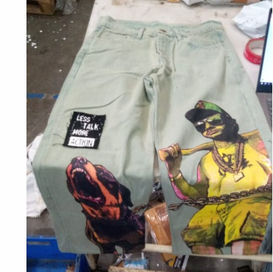 Mens Printed Overloss Fitted Jeans Pista Green Size 32